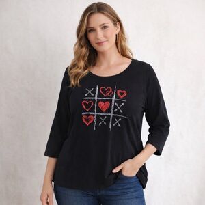 Catherine's Tee Womens 14/16 Large Black Hearts Glitter Valentine's Day 3/4 Slv